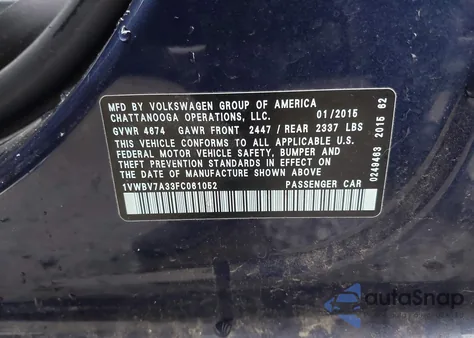 2015 Volkswagen Passat 2.0L Tdi Se z USA, uszkodzony, nr VIN 1VWBV7A33FC061052